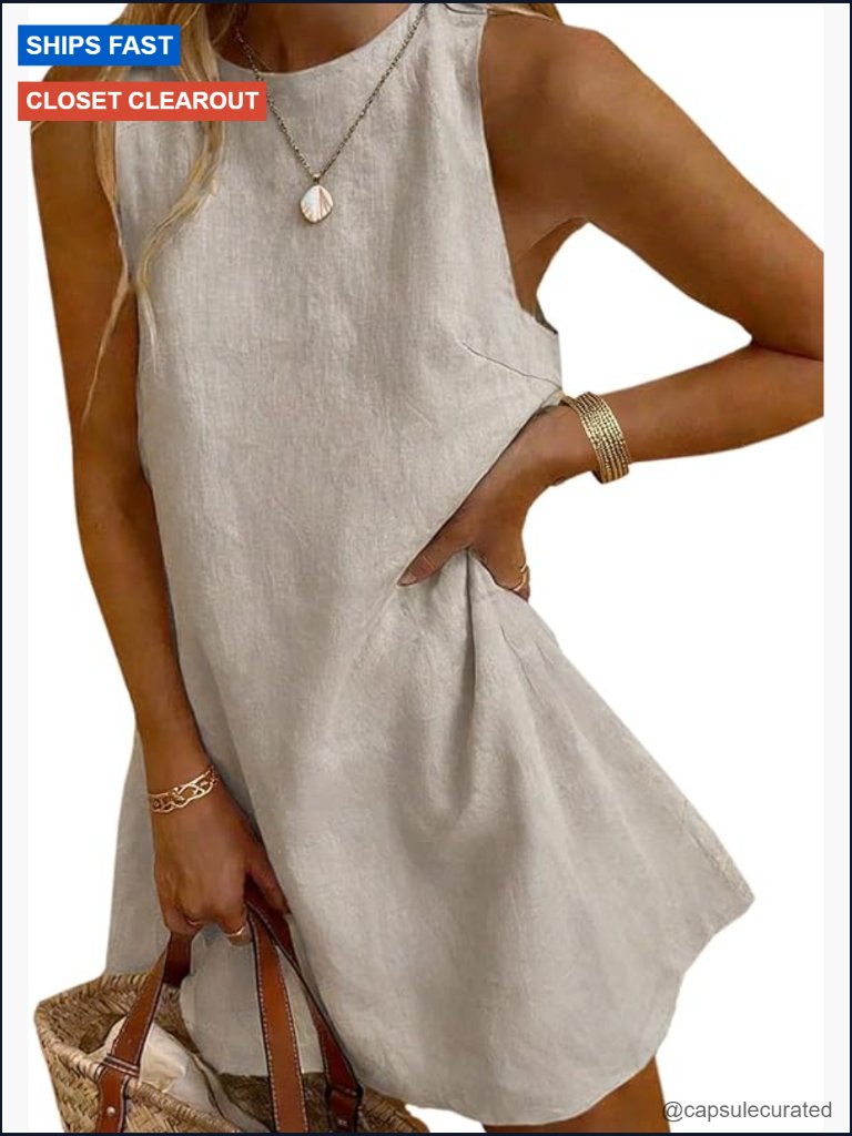 Women Sleeveless A-Line Mini Summer Dress Crew Neck Casual Party